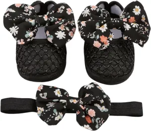 0 to 1 Year Old Baby Shoes Hair Band Set Cute Bow Princess Shoes 3 5 7 9 Months Soft Soled Walking Shoes Size Shoe (Black, 4 Infant)