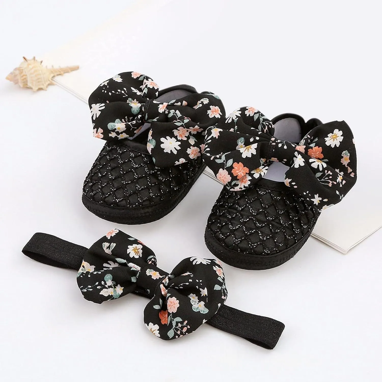0 to 1 Year Old Baby Shoes Hair Band Set Cute Bow Princess Shoes 3 5 7 9 Months Soft Soled Walking Shoes Size Shoe (Black, 4 Infant)
