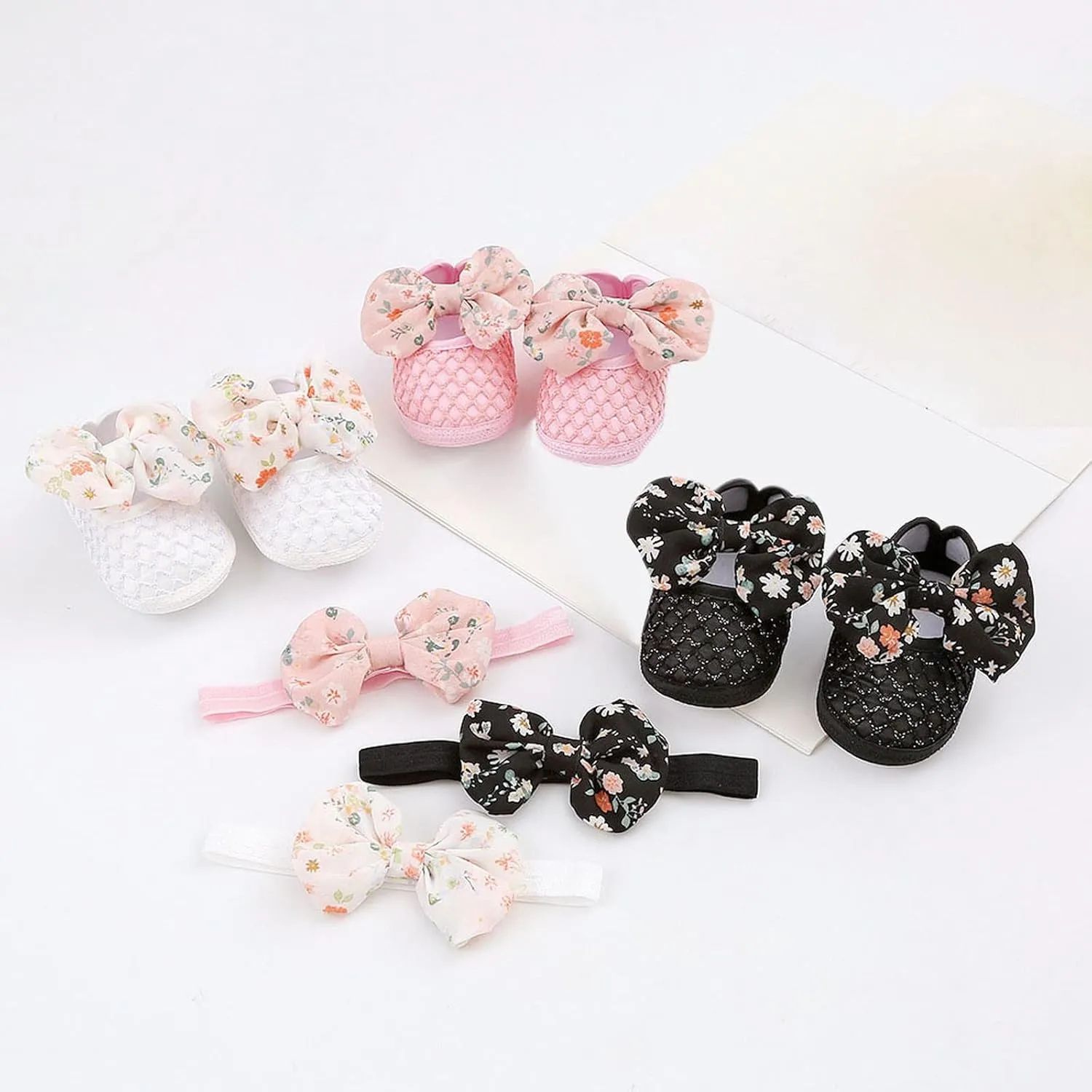0 to 1 Year Old Baby Shoes Hair Band Set Cute Bow Princess Shoes 3 5 7 9 Months Soft Soled Walking Shoes Size Shoe (Black, 4 Infant)