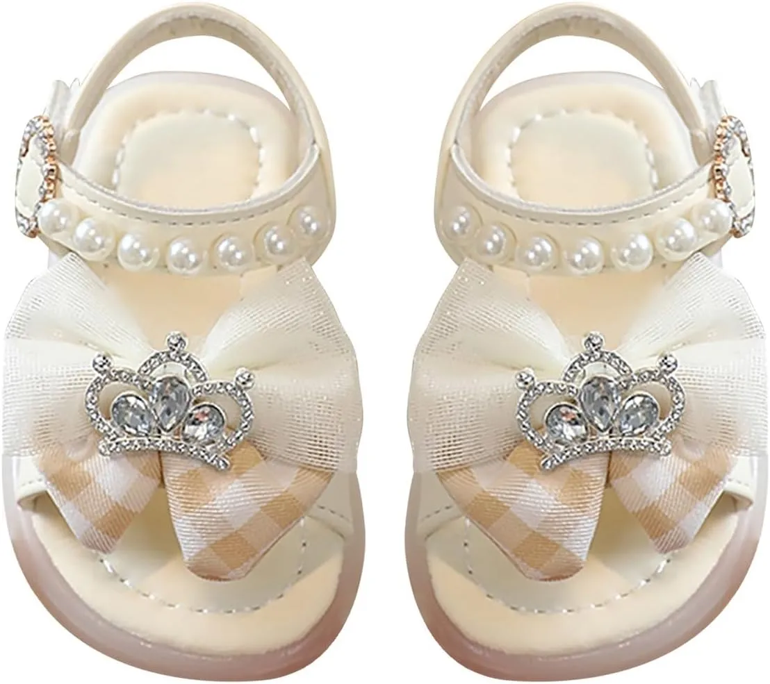 Adjusted Strap Pearl Sandals for Toddler Girls Bow Canvas Rubber Sole Wide Water Shoes Baby Infant Summer Non Slip
