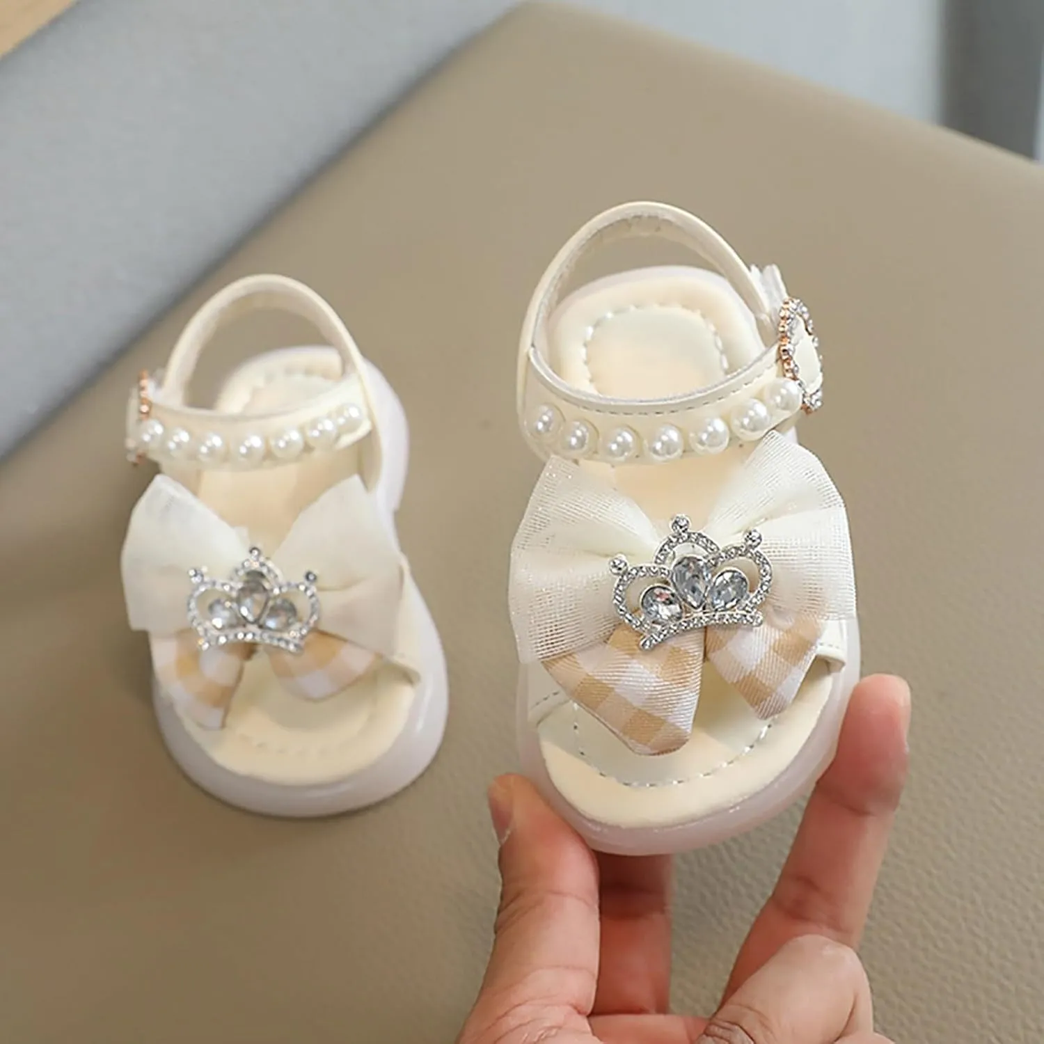 Adjusted Strap Pearl Sandals for Toddler Girls Bow Canvas Rubber Sole Wide Water Shoes Baby Infant Summer Non Slip