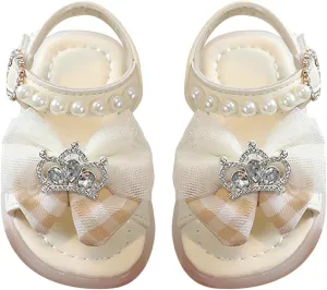Adjusted Strap Pearl Sandals for Toddler Girls Bow Canvas Rubber Sole Wide Water Shoes Baby Infant Summer Non Slip