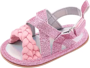 Baby Boys Girls Shiny Sandals Infant Toddler Closed-Toe Anti-Slip Premium Rubber Sole Flower Princess Flats Rome Shoes
