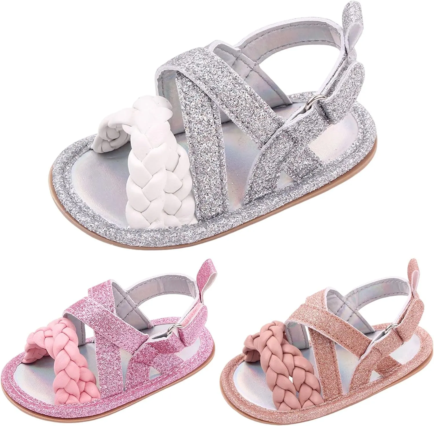 Baby Boys Girls Shiny Sandals Infant Toddler Closed-Toe Anti-Slip Premium Rubber Sole Flower Princess Flats Rome Shoes