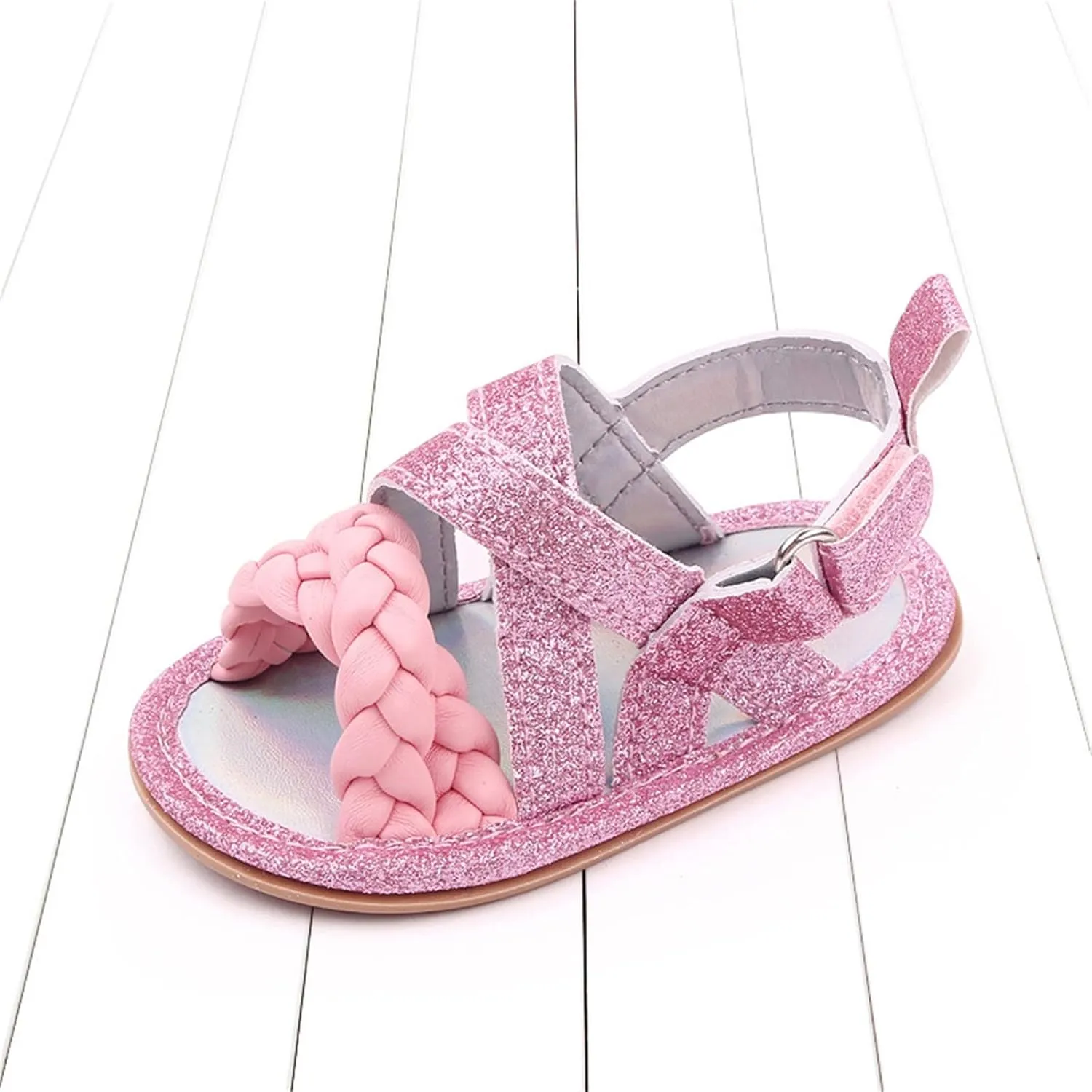 Baby Boys Girls Shiny Sandals Infant Toddler Closed-Toe Anti-Slip Premium Rubber Sole Flower Princess Flats Rome Shoes