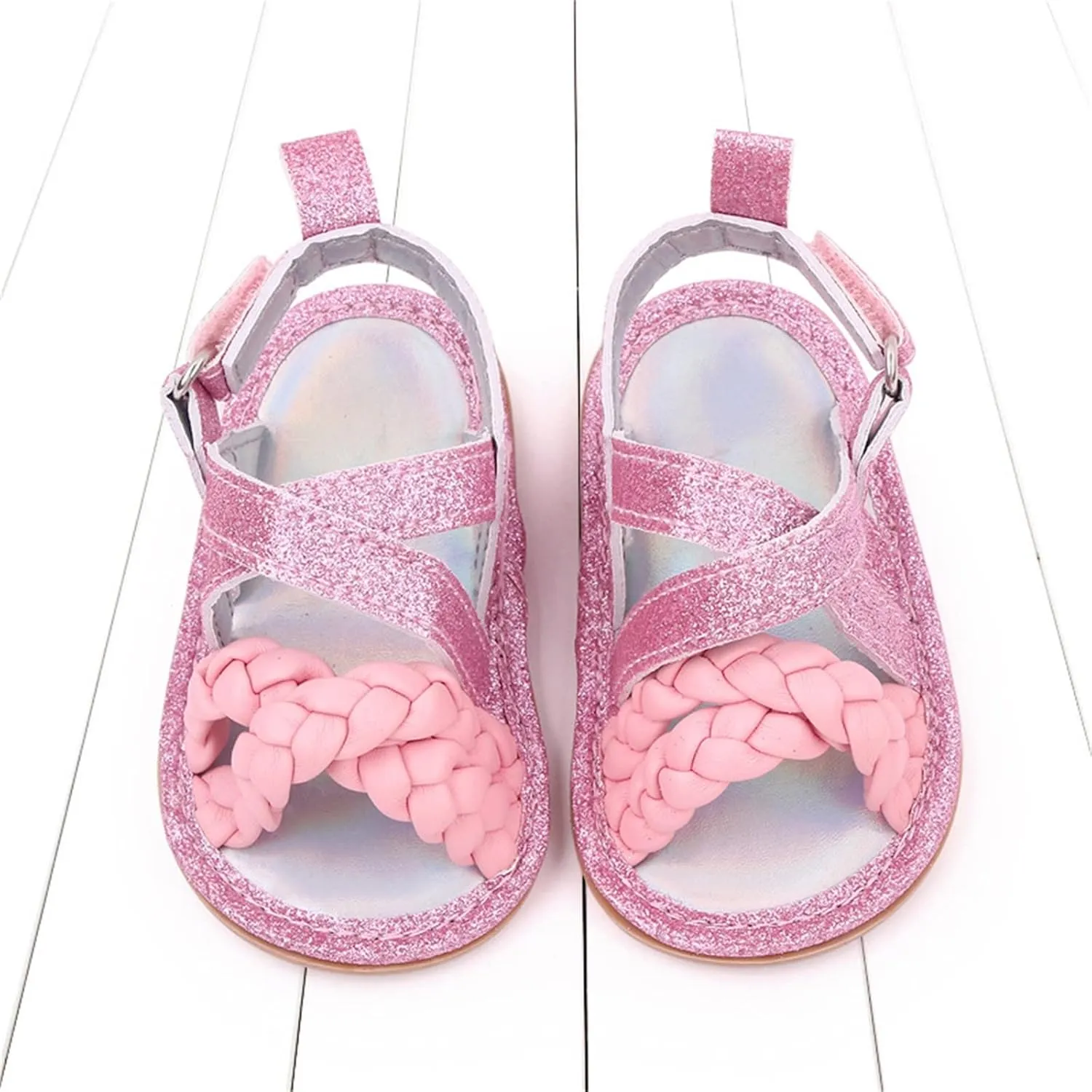 Baby Boys Girls Shiny Sandals Infant Toddler Closed-Toe Anti-Slip Premium Rubber Sole Flower Princess Flats Rome Shoes
