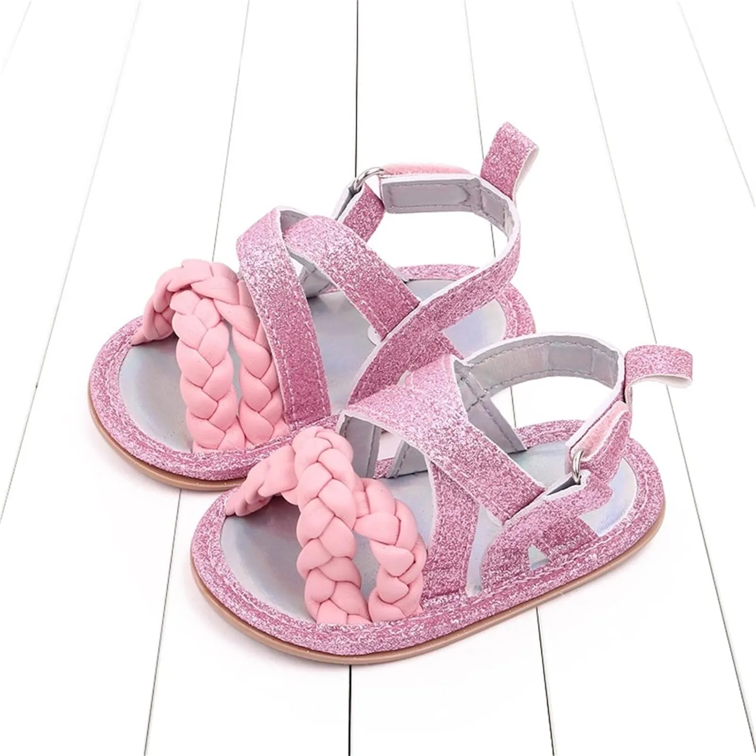 Baby Boys Girls Shiny Sandals Infant Toddler Closed-Toe Anti-Slip Premium Rubber Sole Flower Princess Flats Rome Shoes