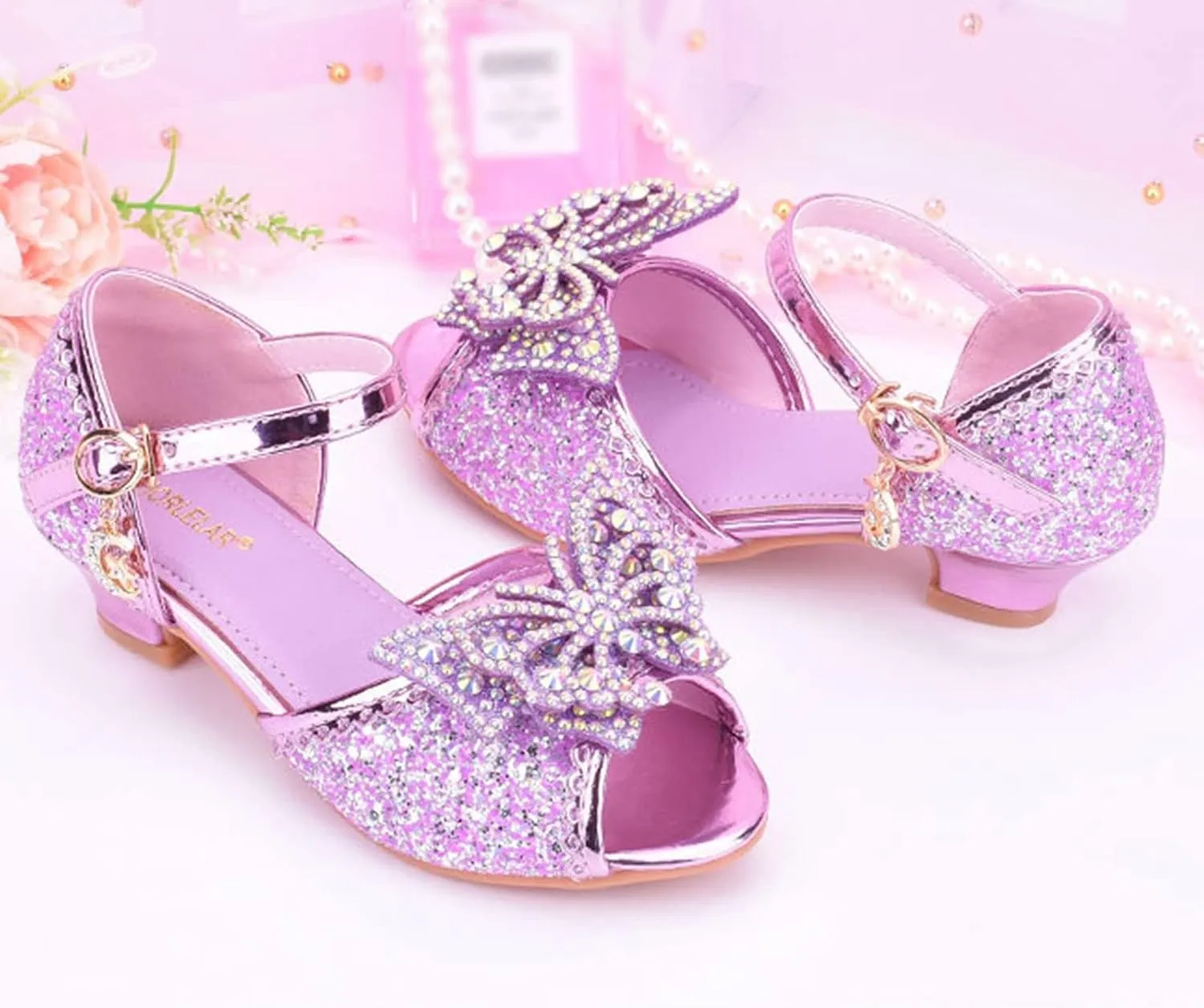 Baby Girls Bow Sequins Pearl Princess Sandals Open Toe High Heels Glitter Ankle Dress Shoes Toddler Summer Outdoor Strap