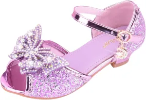Baby Girls Bow Sequins Pearl Princess Sandals Open Toe High Heels Glitter Ankle Dress Shoes Toddler Summer Outdoor Strap