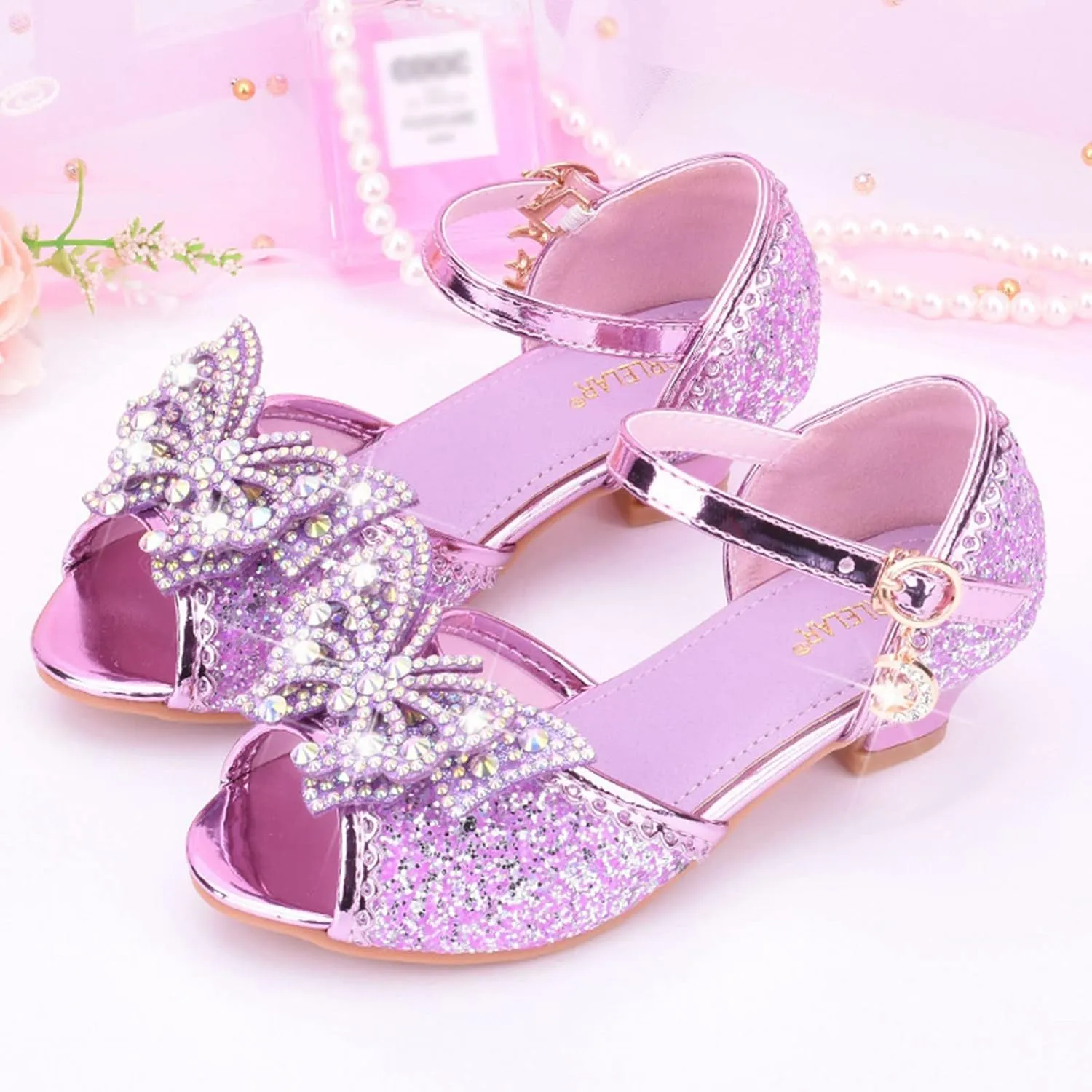 Baby Girls Bow Sequins Pearl Princess Sandals Open Toe High Heels Glitter Ankle Dress Shoes Toddler Summer Outdoor Strap
