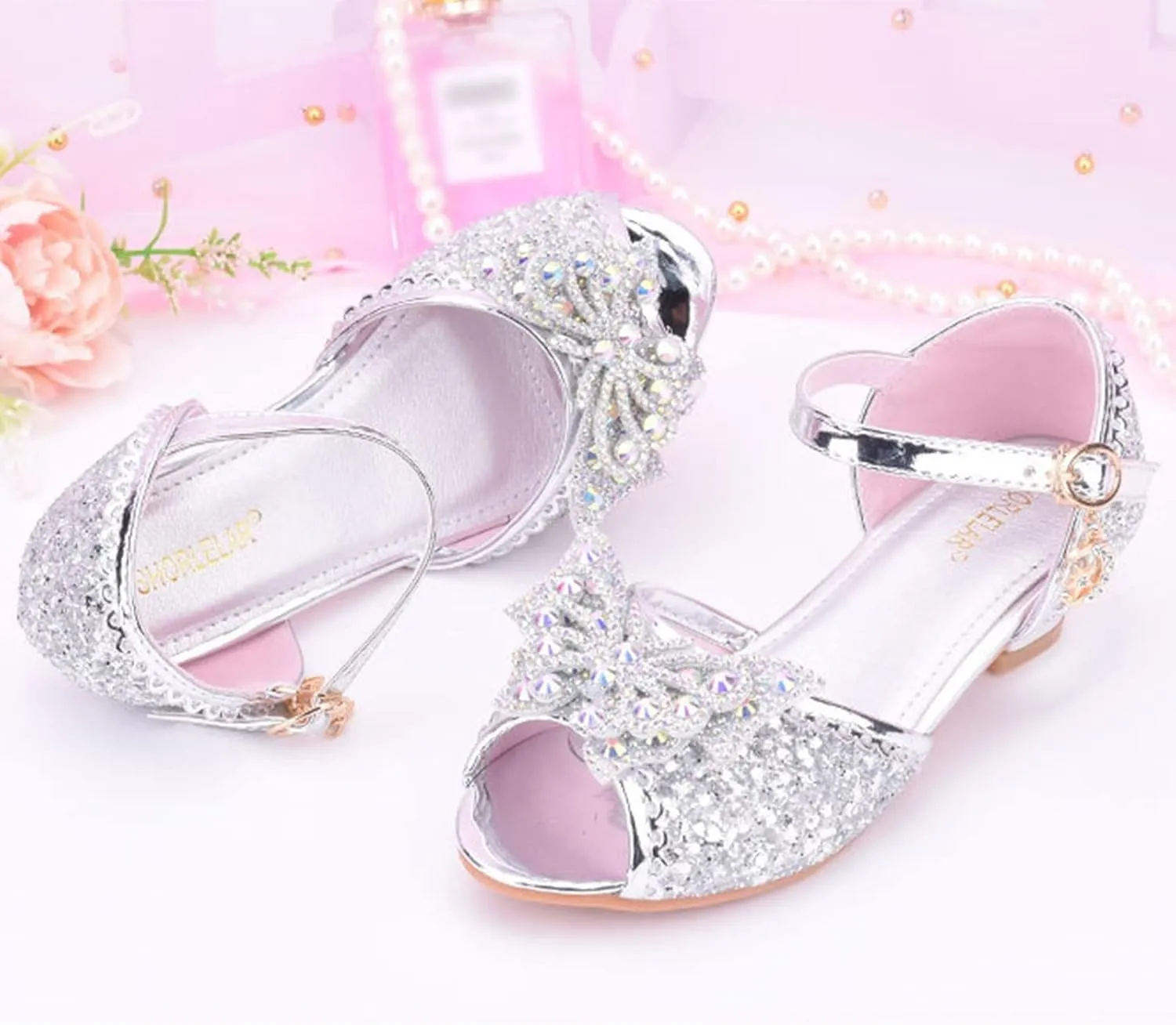 Baby Girls Bow Sequins Pearl Princess Sandals Open Toe High Heels Glitter Ankle Dress Shoes Toddler Summer Outdoor Strap