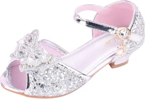 Baby Girls Bow Sequins Pearl Princess Sandals Open Toe High Heels Glitter Ankle Dress Shoes Toddler Summer Outdoor Strap