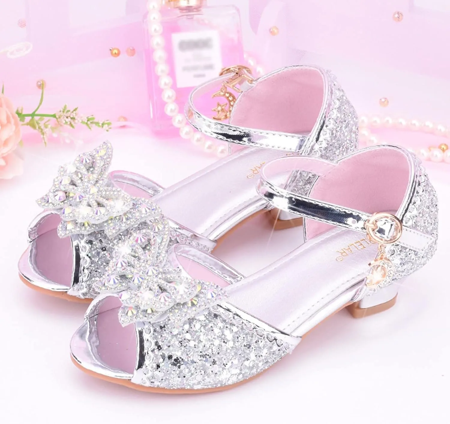 Baby Girls Bow Sequins Pearl Princess Sandals Open Toe High Heels Glitter Ankle Dress Shoes Toddler Summer Outdoor Strap