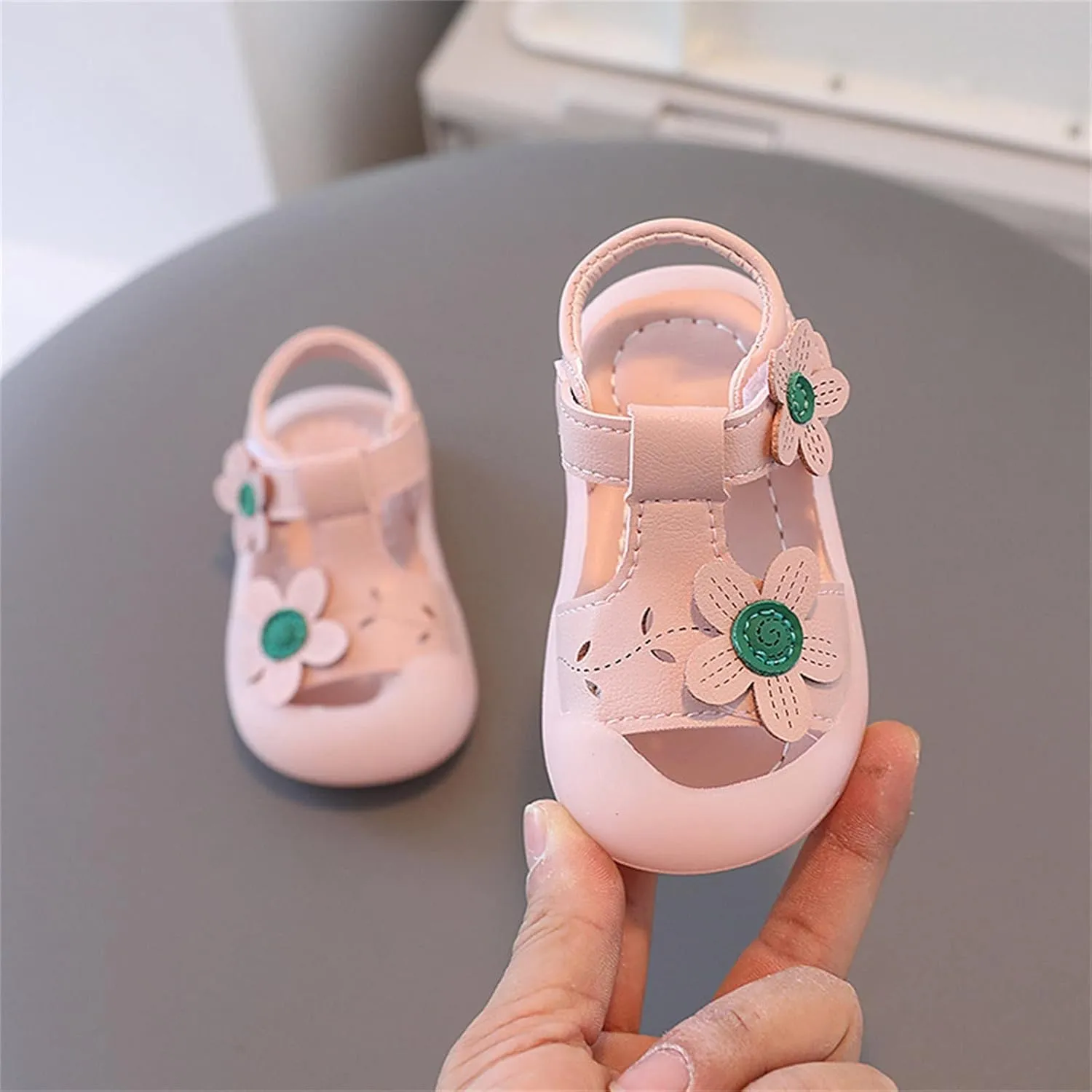Baby Girls Cute Flowers Sandals Closed Toe Toddler Walking Shoes Strap Soft Rubber Sole Non Slip Summer Outdoor