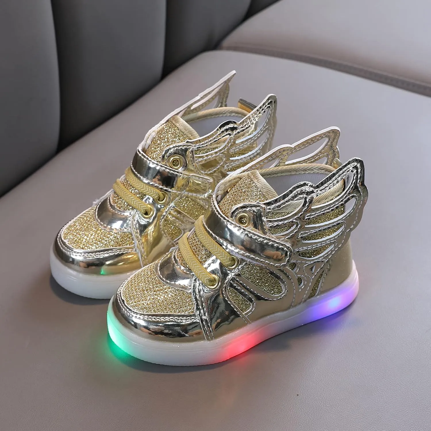 Baby Girls Led Light Sneakers Bling Luminous Sport Shoes Mesh Breathable Shiny Tennis Shoes with Angel ings
