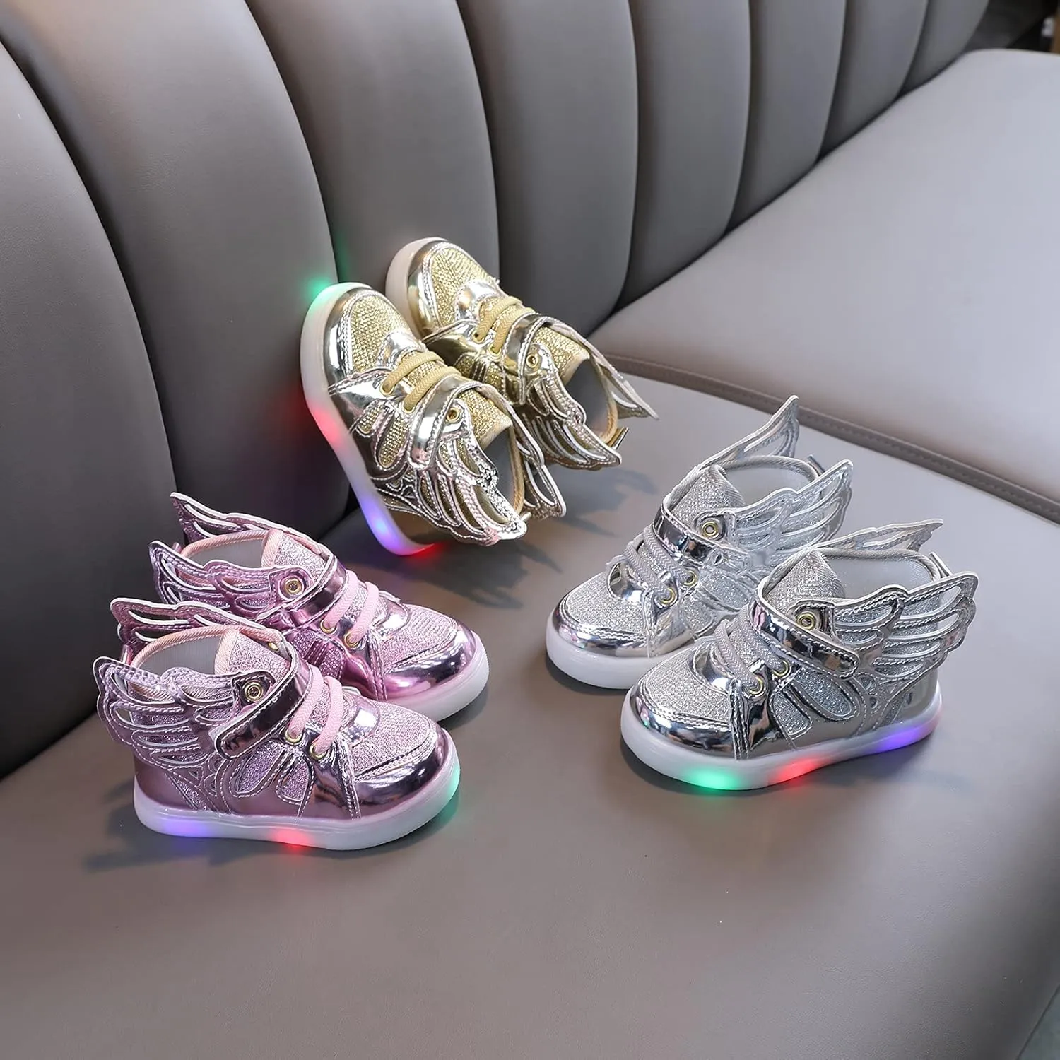 Baby Girls Led Light Sneakers Bling Luminous Sport Shoes Mesh Breathable Shiny Tennis Shoes with Angel ings