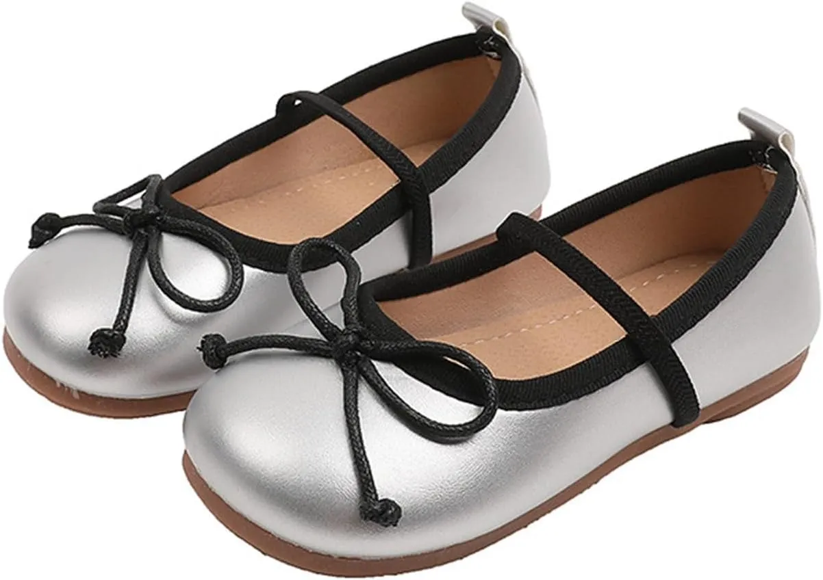 Baby Girls Mary Jane Flat with Bownot Non Slip Soft Sole PU Leather Infant Toddler Glittery Dress Shoes with Wheels