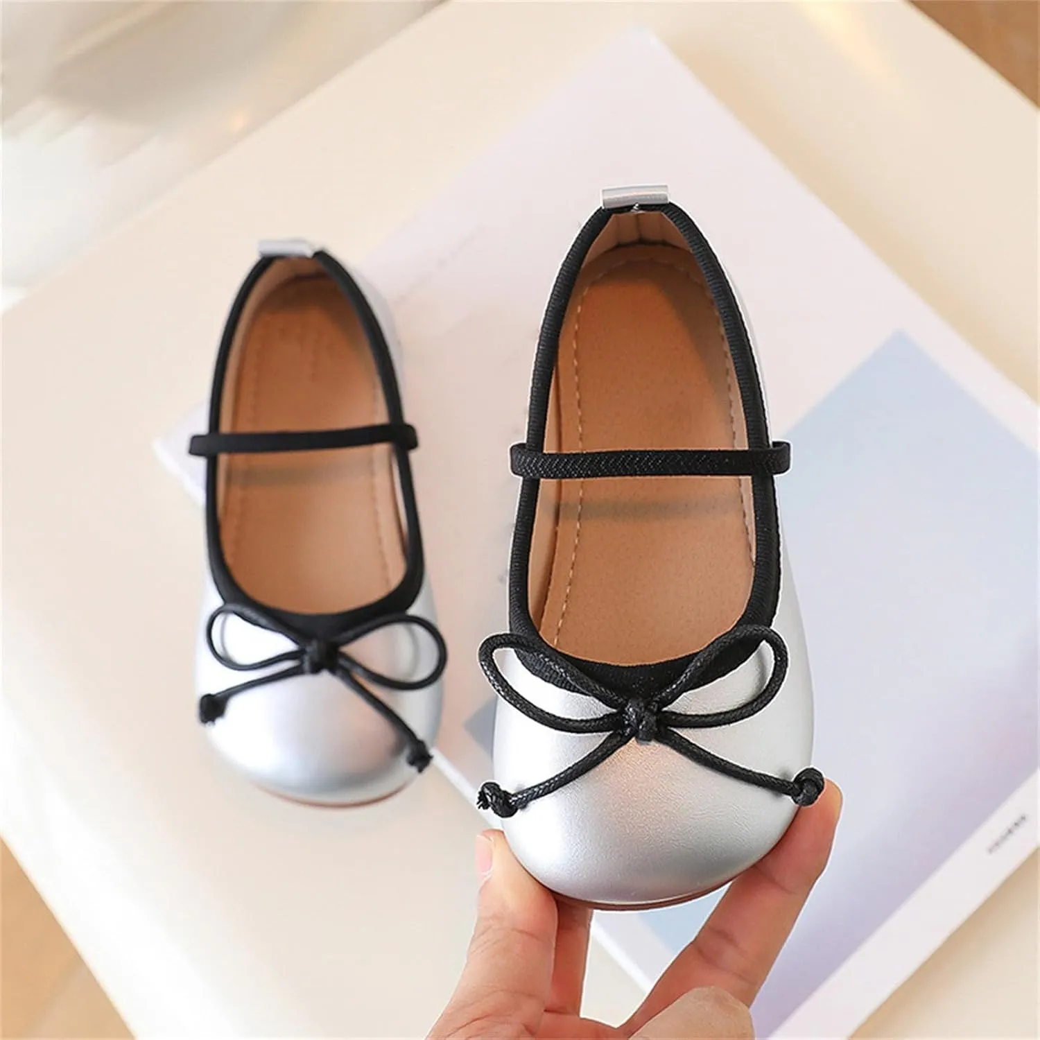 Baby Girls Mary Jane Flat with Bownot Non Slip Soft Sole PU Leather Infant Toddler Glittery Dress Shoes with Wheels
