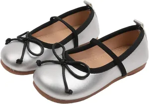 Baby Girls Mary Jane Flat with Bownot Non Slip Soft Sole PU Leather Infant Toddler Glittery Dress Shoes with Wheels