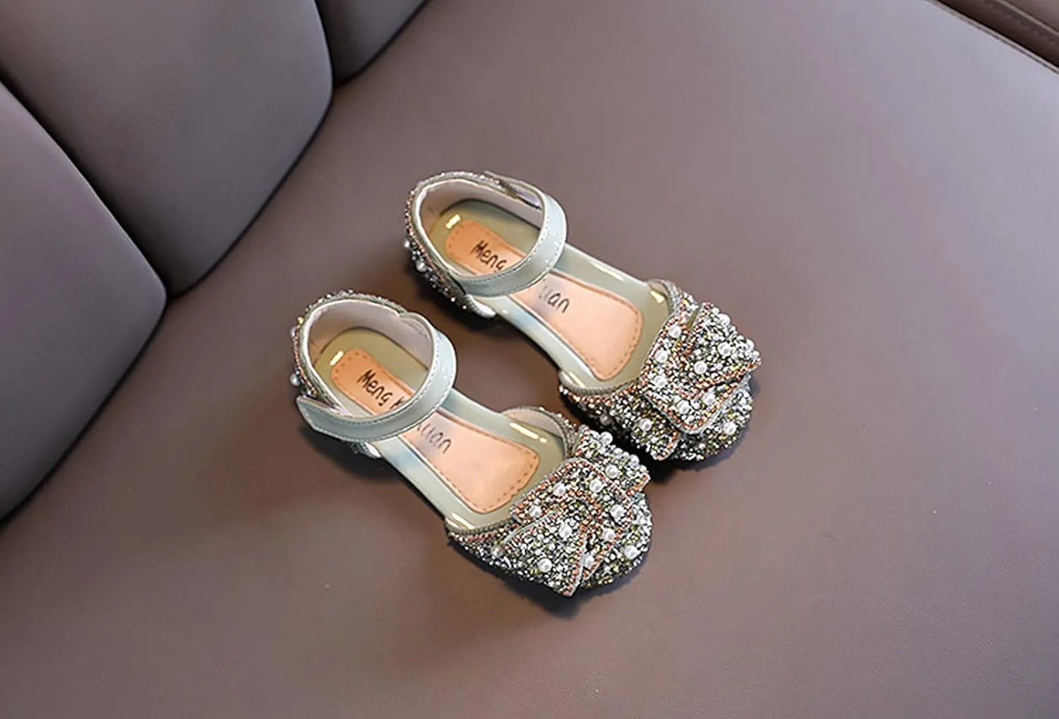Baby Girls' Soft Sole Princess Shoe Bowknot Rhinestone Embellished Sandals Hook and Loop Faux PU Flat Shoes