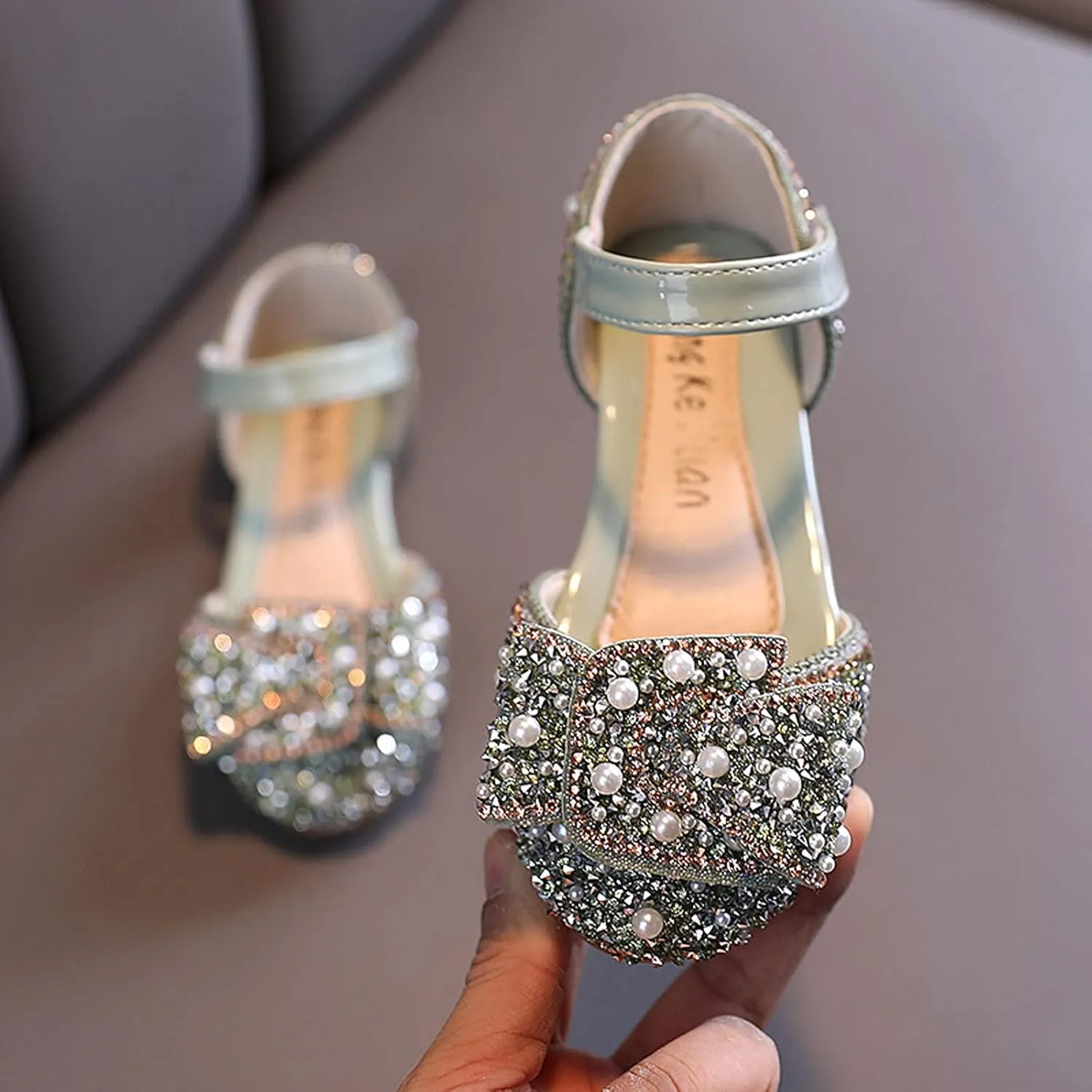 Baby Girls' Soft Sole Princess Shoe Bowknot Rhinestone Embellished Sandals Hook and Loop Faux PU Flat Shoes