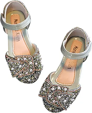 Baby Girls' Soft Sole Princess Shoe Bowknot Rhinestone Embellished Sandals Hook and Loop Faux PU Flat Shoes