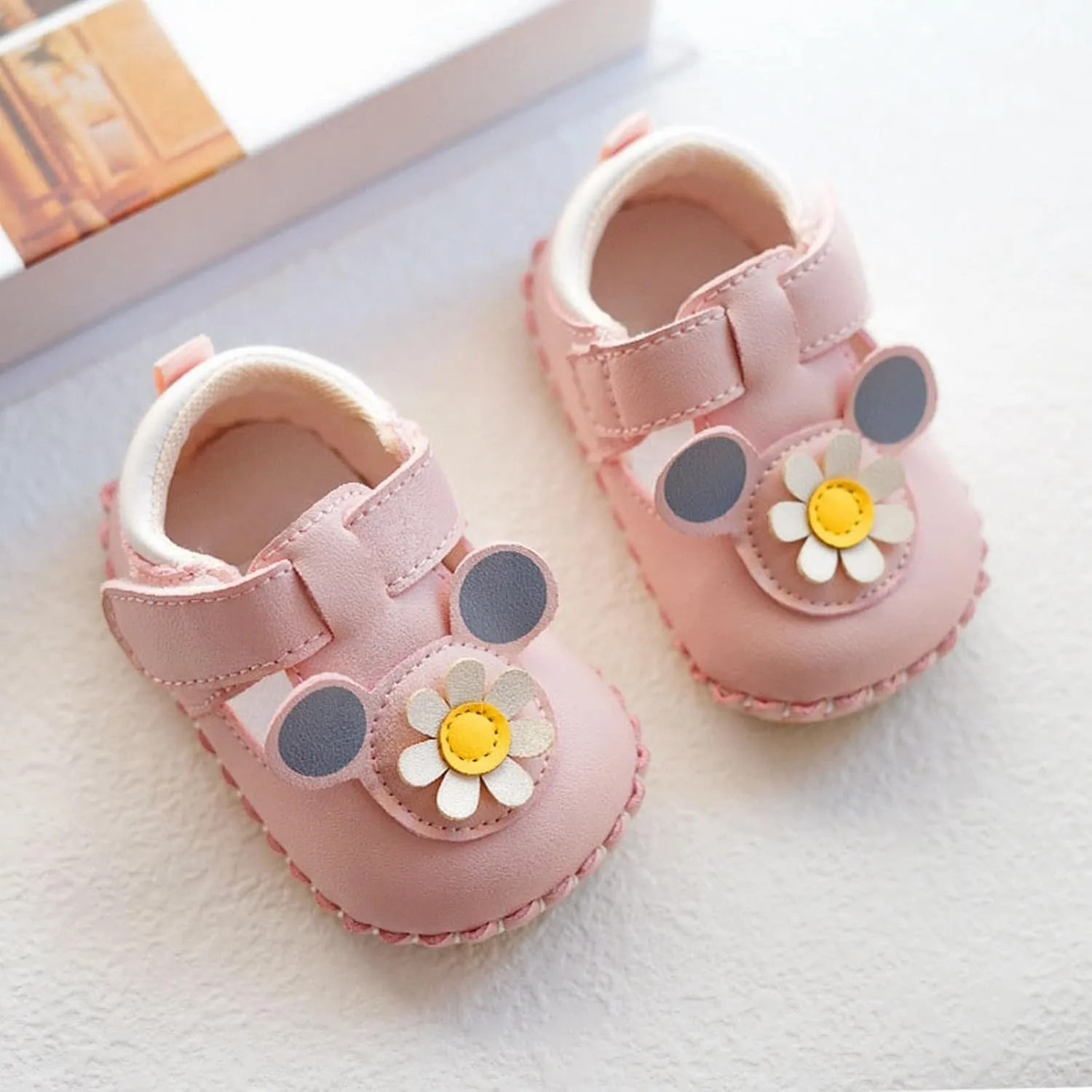 Baby Infant Newborn Toddler Ankle First Walking Sandals Closed Toe Flower Leather Soft Hook Loop Shoes Non Slip Light