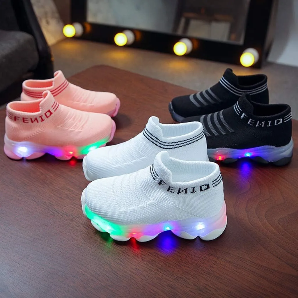 Baby Shoes Girl Children Baby Luminous Shoes Sport Boys Casual Led Run Girls Mesh Letter Baby (White, 15-18 Months)