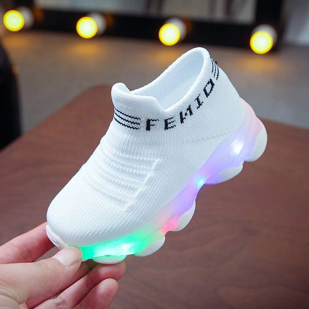 Baby Shoes Girl Children Baby Luminous Shoes Sport Boys Casual Led Run Girls Mesh Letter Baby (White, 15-18 Months)