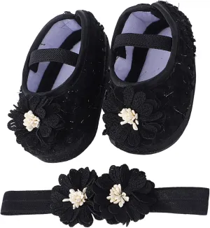 Baby Shoes with Hair Band Fashion Soft Soled Toddler Shoes Versatile Dress Flower Princess Shoes Soft Soles Shoes