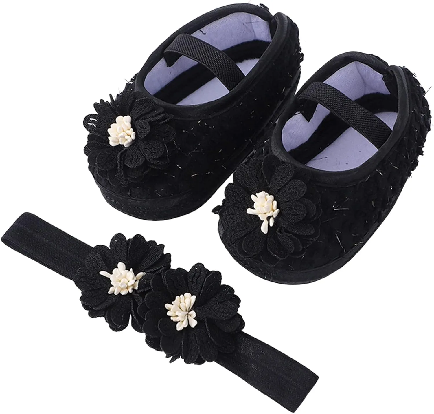 Baby Shoes with Hair Band Fashion Soft Soled Toddler Shoes Versatile Dress Flower Princess Shoes Soft Soles Shoes