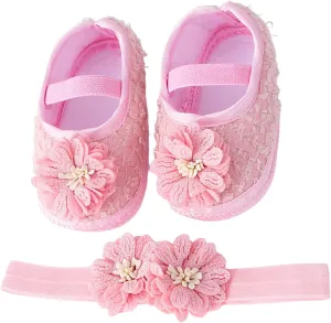 Baby Shoes with Hair Band Fashion Soft Soled Toddler Shoes Versatile Dress Flower Princess Shoes Toddler Winter Shoes (Pink, 4 Infant)