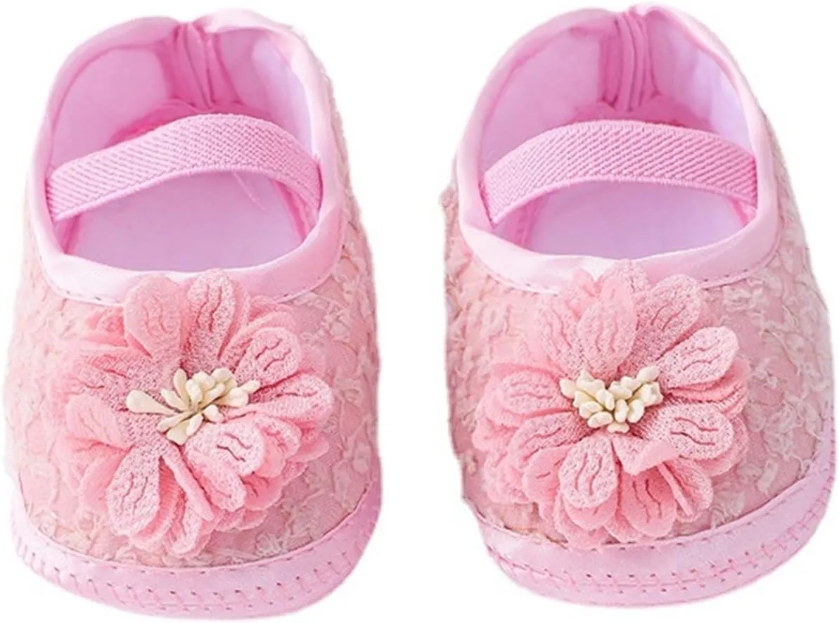 Baby Shoes with Hair Band Fashion Soft Soled Toddler Shoes Versatile Dress Flower Princess Shoes Toddler Winter Shoes (Pink, 4 Infant)