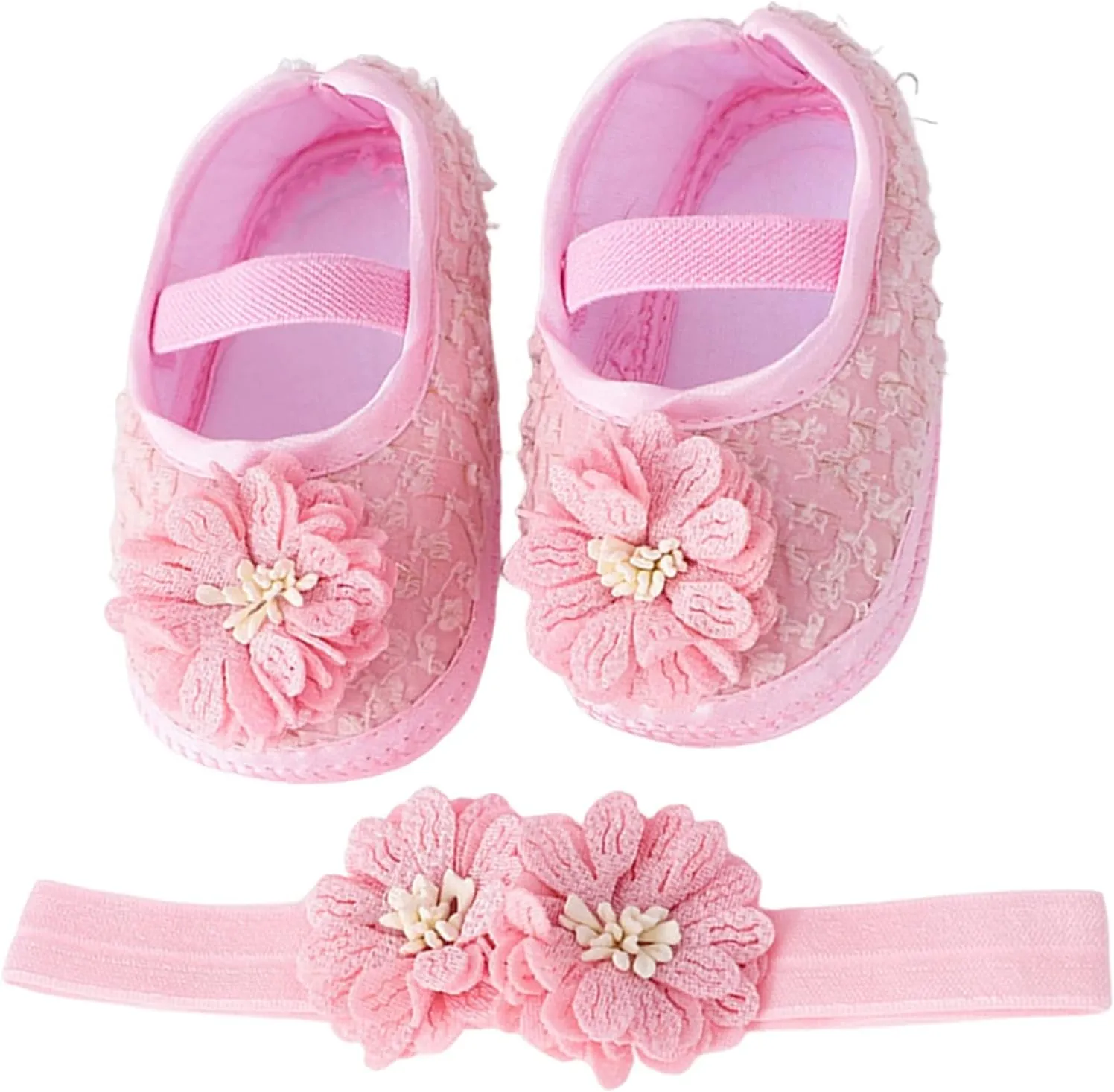 Baby Shoes with Hair Band Fashion Soft Soled Toddler Shoes Versatile Dress Flower Princess Shoes Toddler Winter Shoes (Pink, 4 Infant)