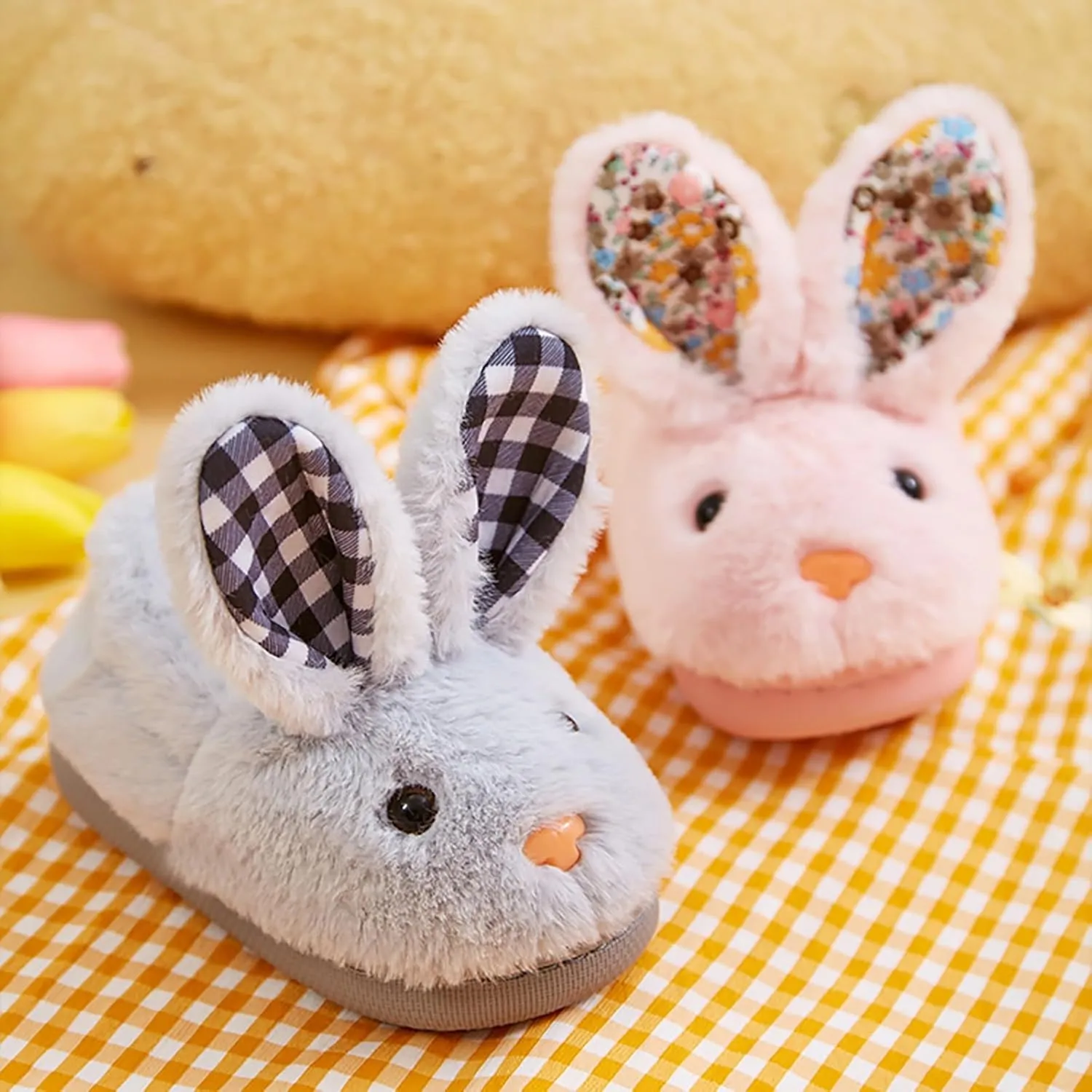 Bunny Ear Fuzzy Slippers for Girls Kids Baby Boys Memory Foam Non Slip Flat Shoes Infant Indoor House Warm Slipper