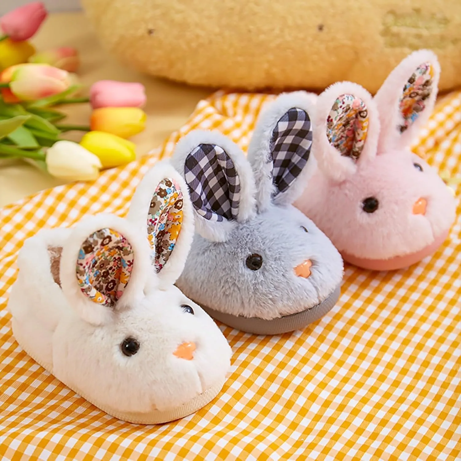 Bunny Ear Fuzzy Slippers for Girls Kids Baby Boys Memory Foam Non Slip Flat Shoes Infant Indoor House Warm Slipper