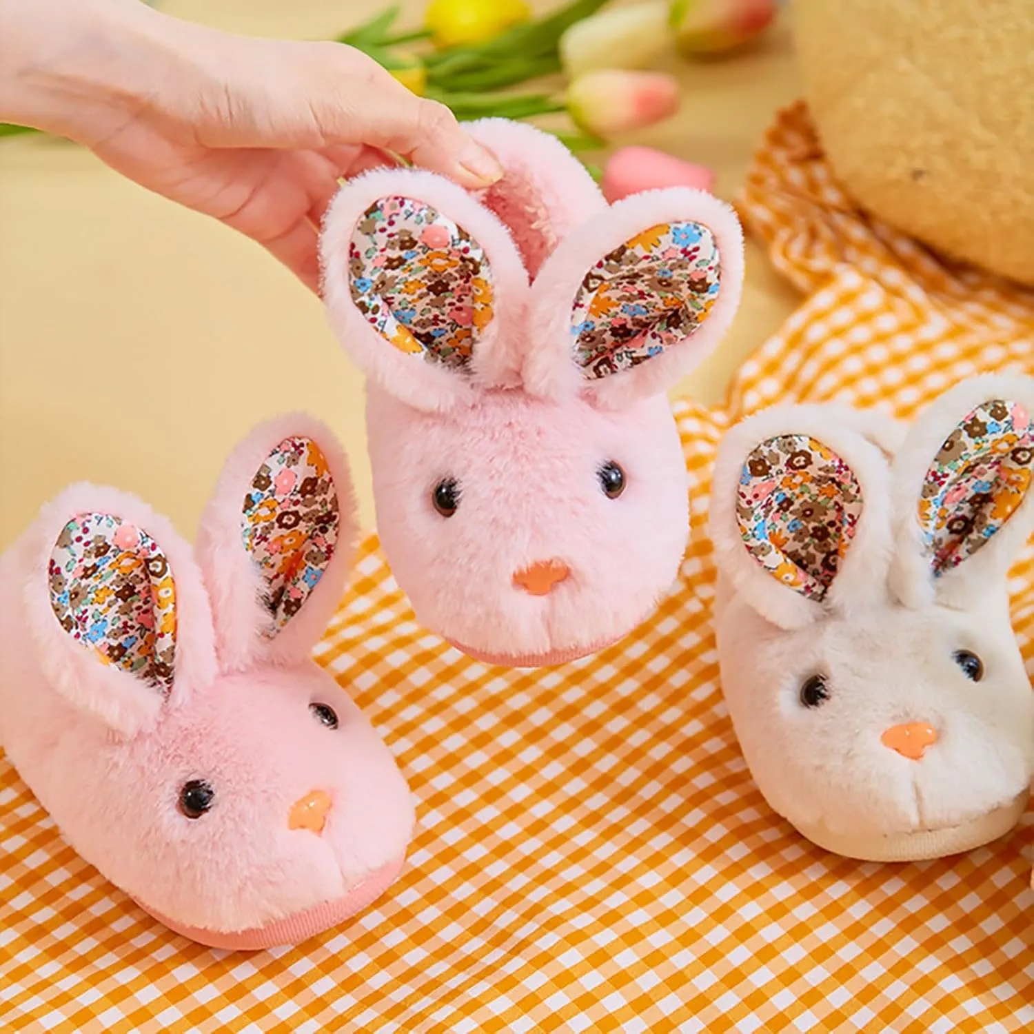 Bunny Ear Fuzzy Slippers for Girls Kids Baby Boys Memory Foam Non Slip Flat Shoes Infant Indoor House Warm Slipper