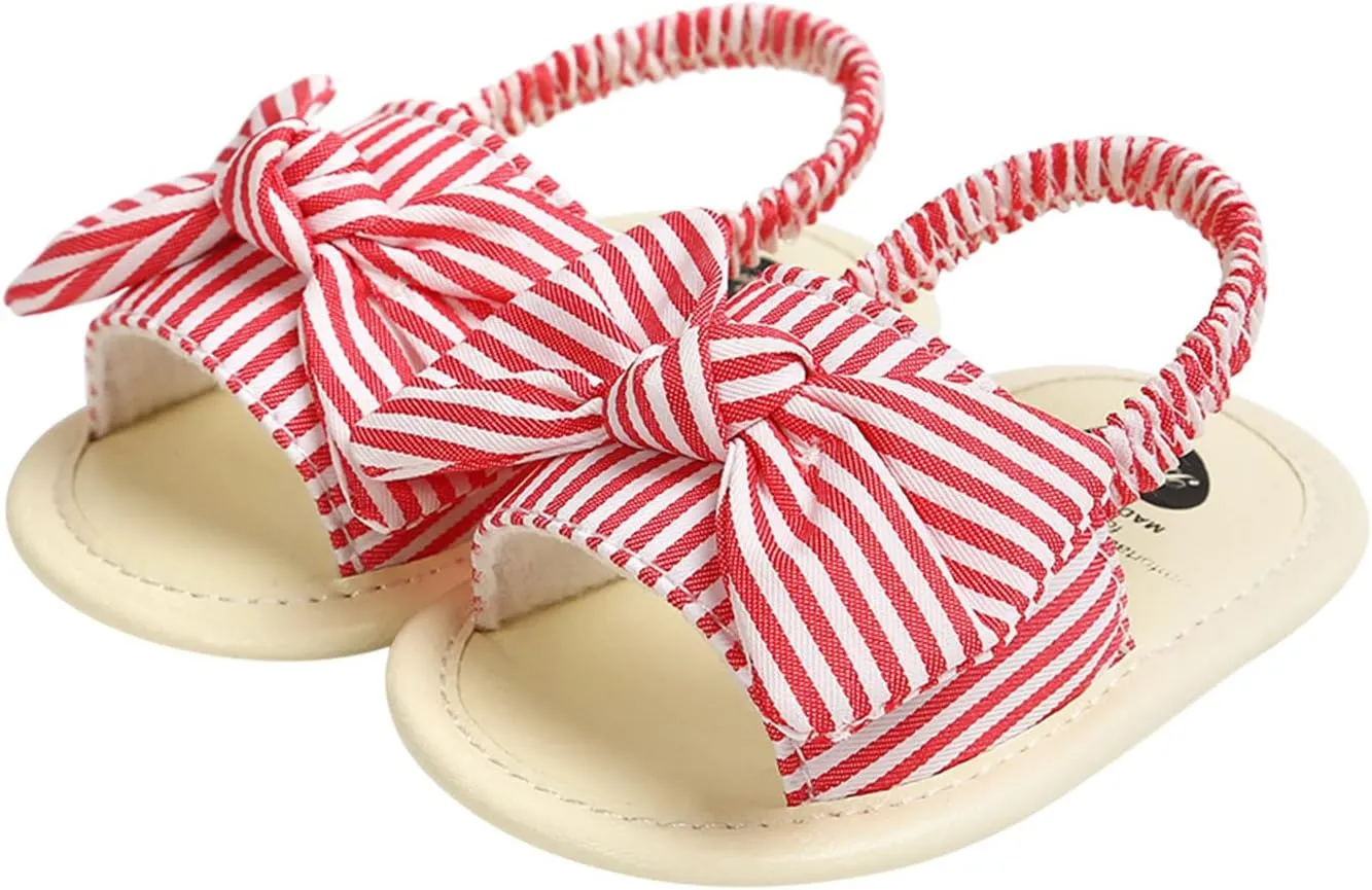 EnJoCho Baby Girls Dot Stripe Summer Sandals Soft Sole Bowknots Flats Toddler First Walkers Crib Shoes Prewalker Sandals