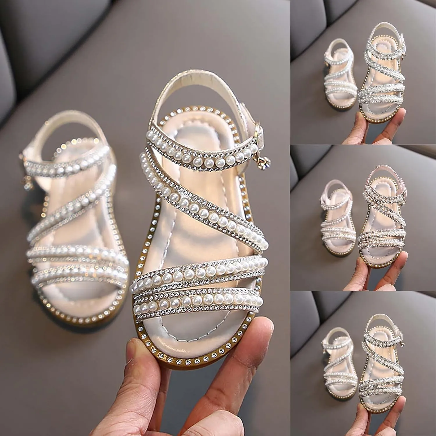 Flower Girl Pearl Sandals, Open Toe Dress Shoes for Kid, Summer Strap Flats Shoes for Wedding Party Performance
