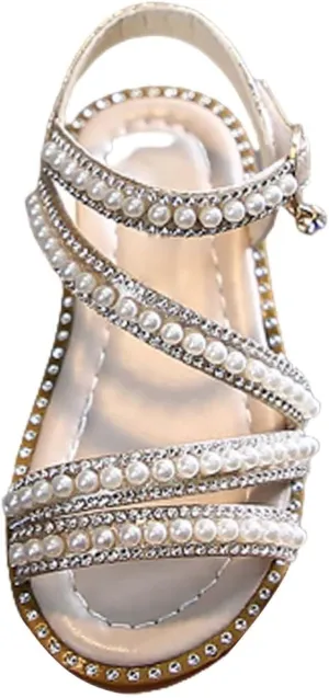 Flower Girl Pearl Sandals, Open Toe Dress Shoes for Kid, Summer Strap Flats Shoes for Wedding Party Performance