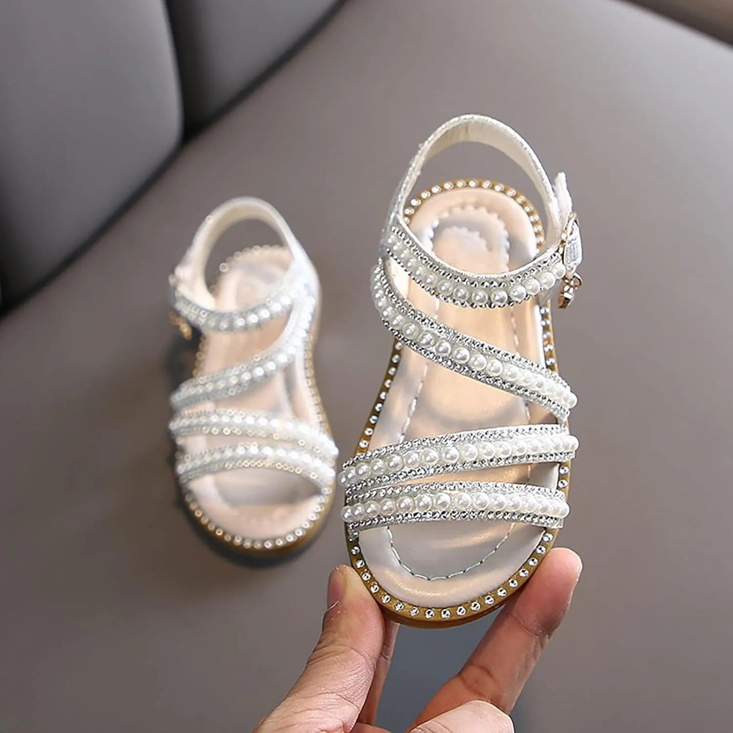 Flower Girl Pearl Sandals, Open Toe Dress Shoes for Kid, Summer Strap Flats Shoes for Wedding Party Performance