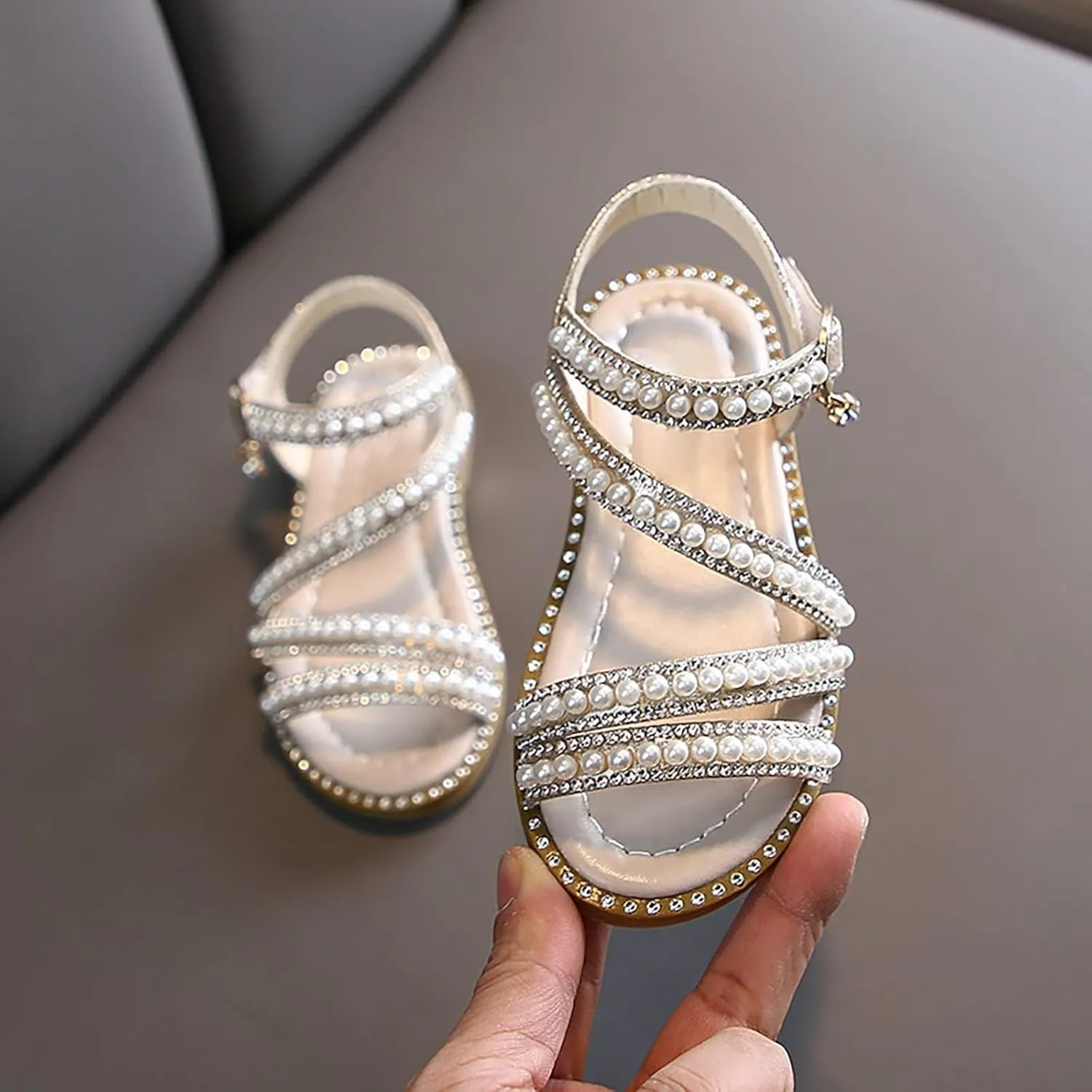 Flower Girl Pearl Sandals, Open Toe Dress Shoes for Kid, Summer Strap Flats Shoes for Wedding Party Performance