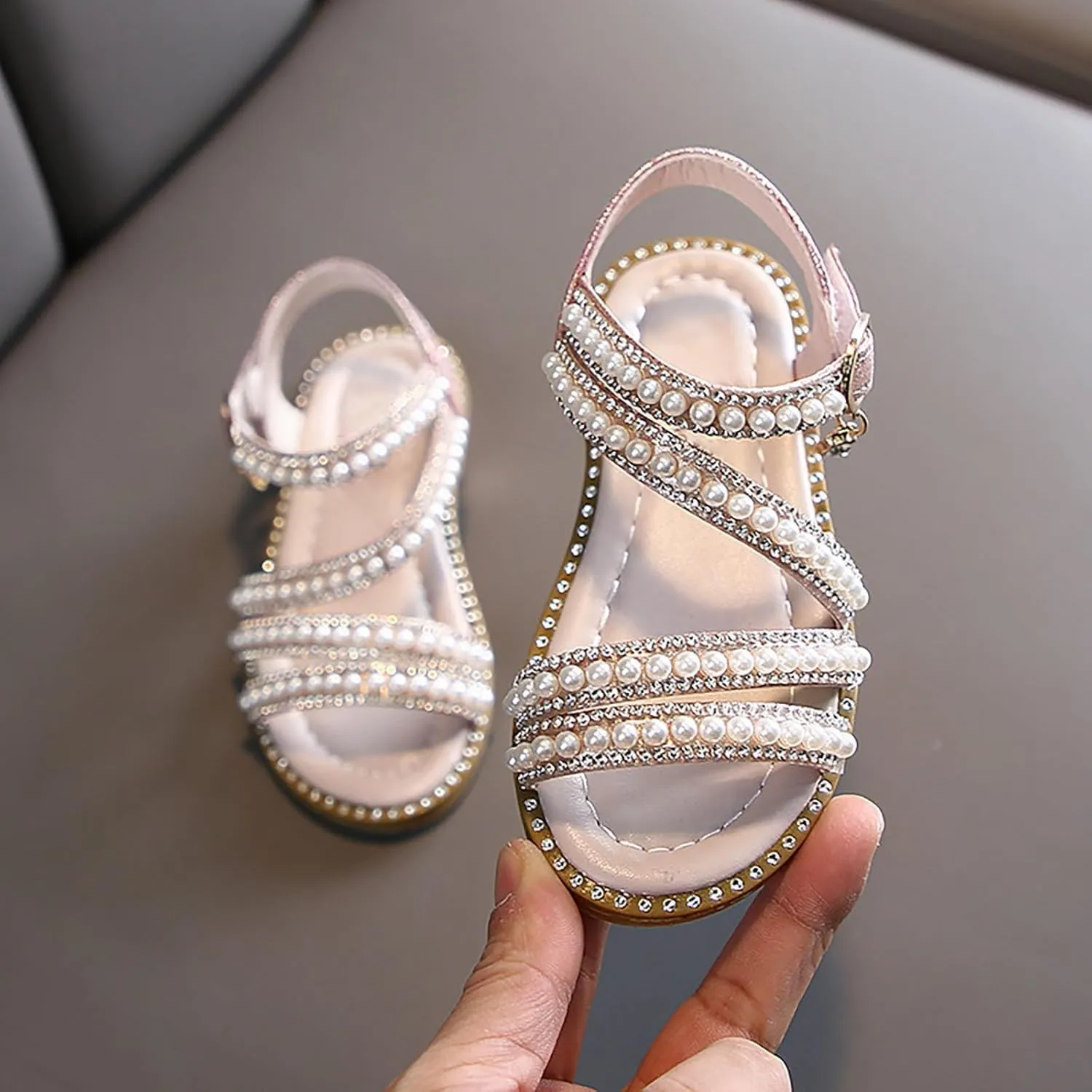 Flower Girls Pearl Sandals, Open Toe Dress Shoes for Kids, Summer Strap Flats Shoes for Wedding Party Performance
