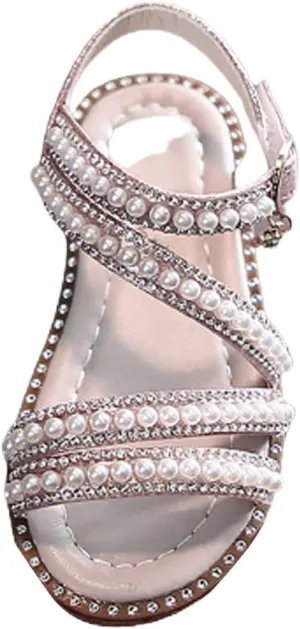 Flower Girls Pearl Sandals, Open Toe Dress Shoes for Kids, Summer Strap Flats Shoes for Wedding Party Performance