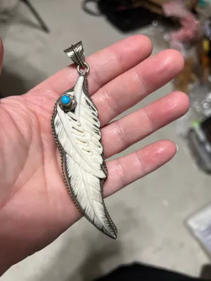 Genuine Turquoise and Hand Carved Bone Tibetan Silver Feather Pendant - 4 inch
