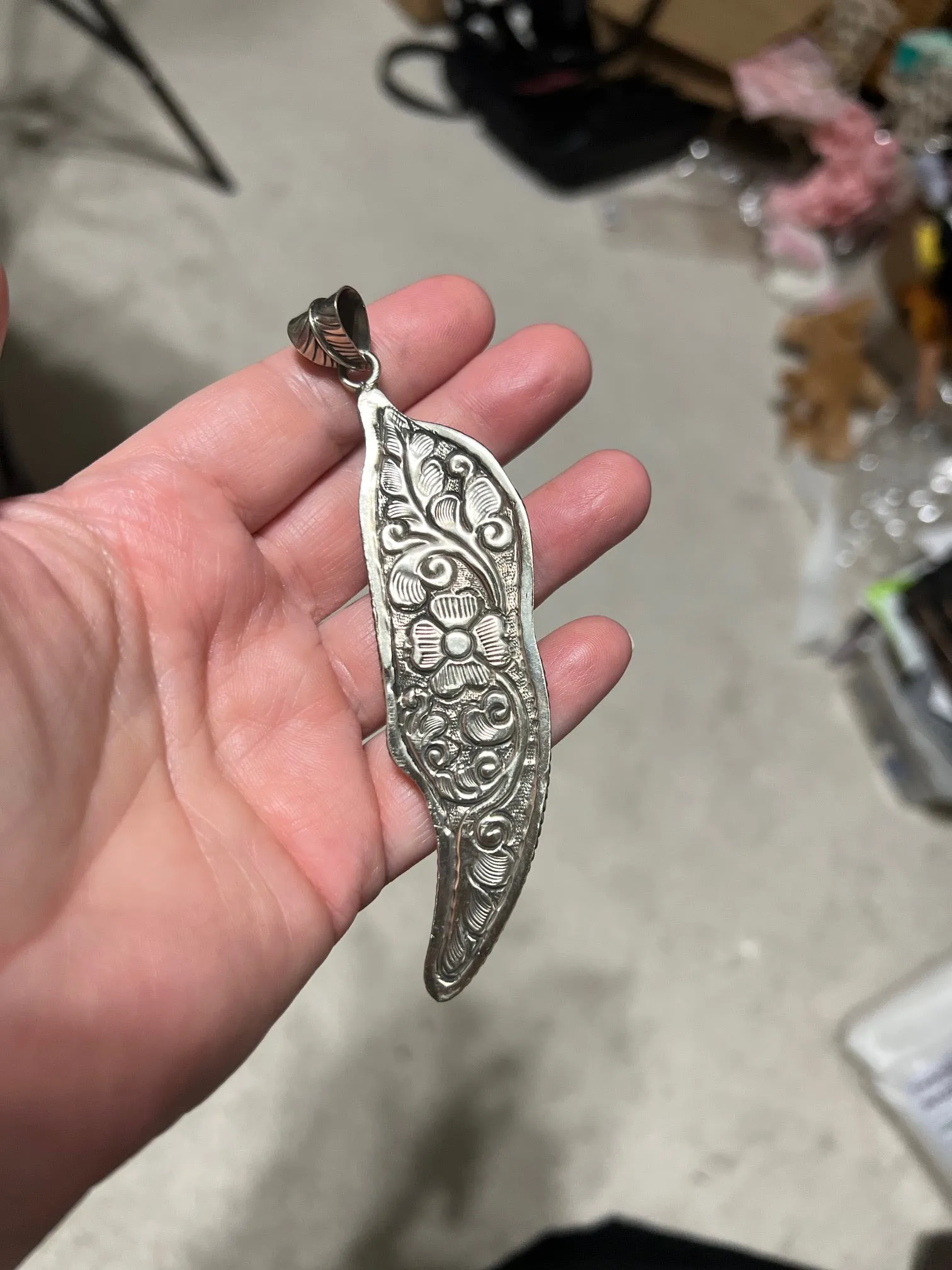 Genuine Turquoise and Hand Carved Bone Tibetan Silver Feather Pendant - 4 inch