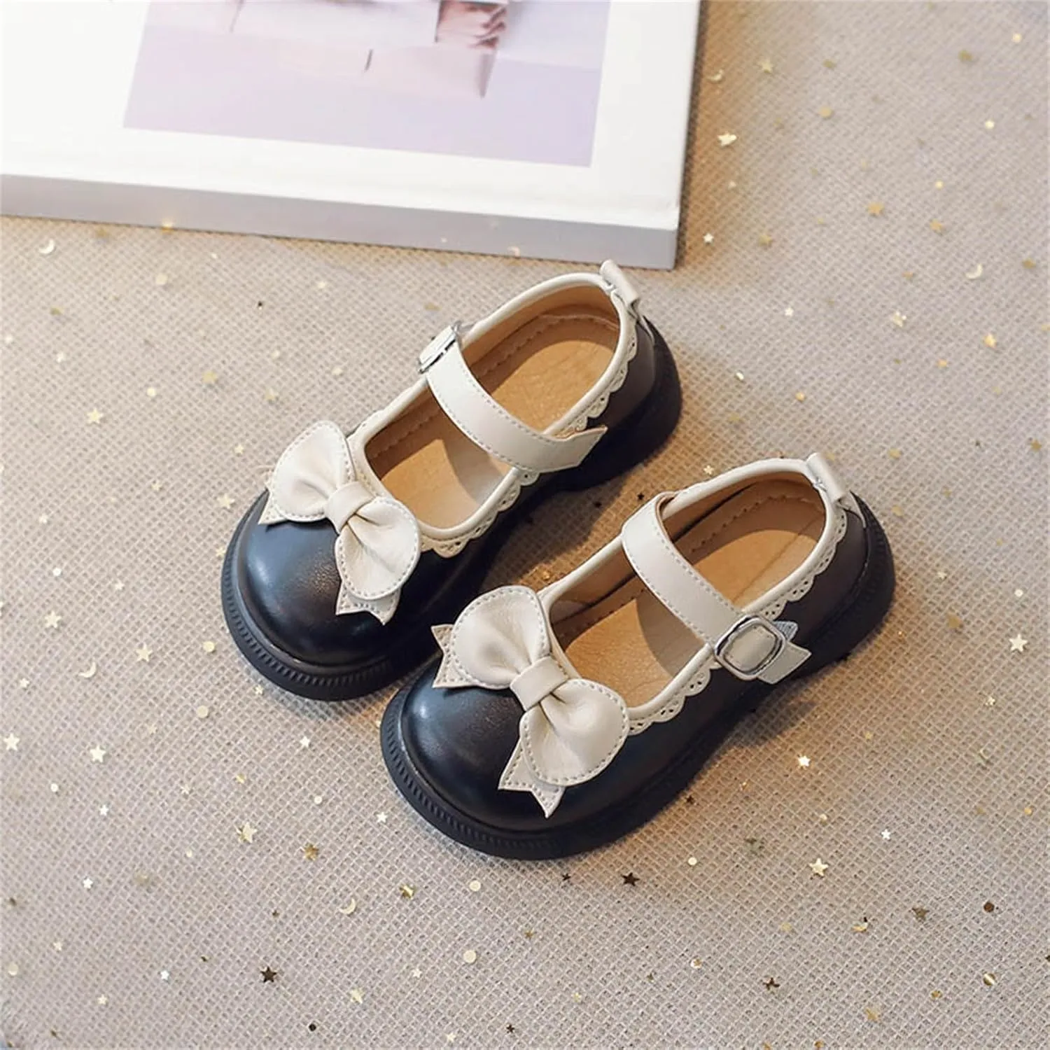 Girls Dress Shoes Mary Jane Flats Girls Cute Bowknot Non-Slip Soft Thick Sole Wedges Kids Leather Wedding Shoes