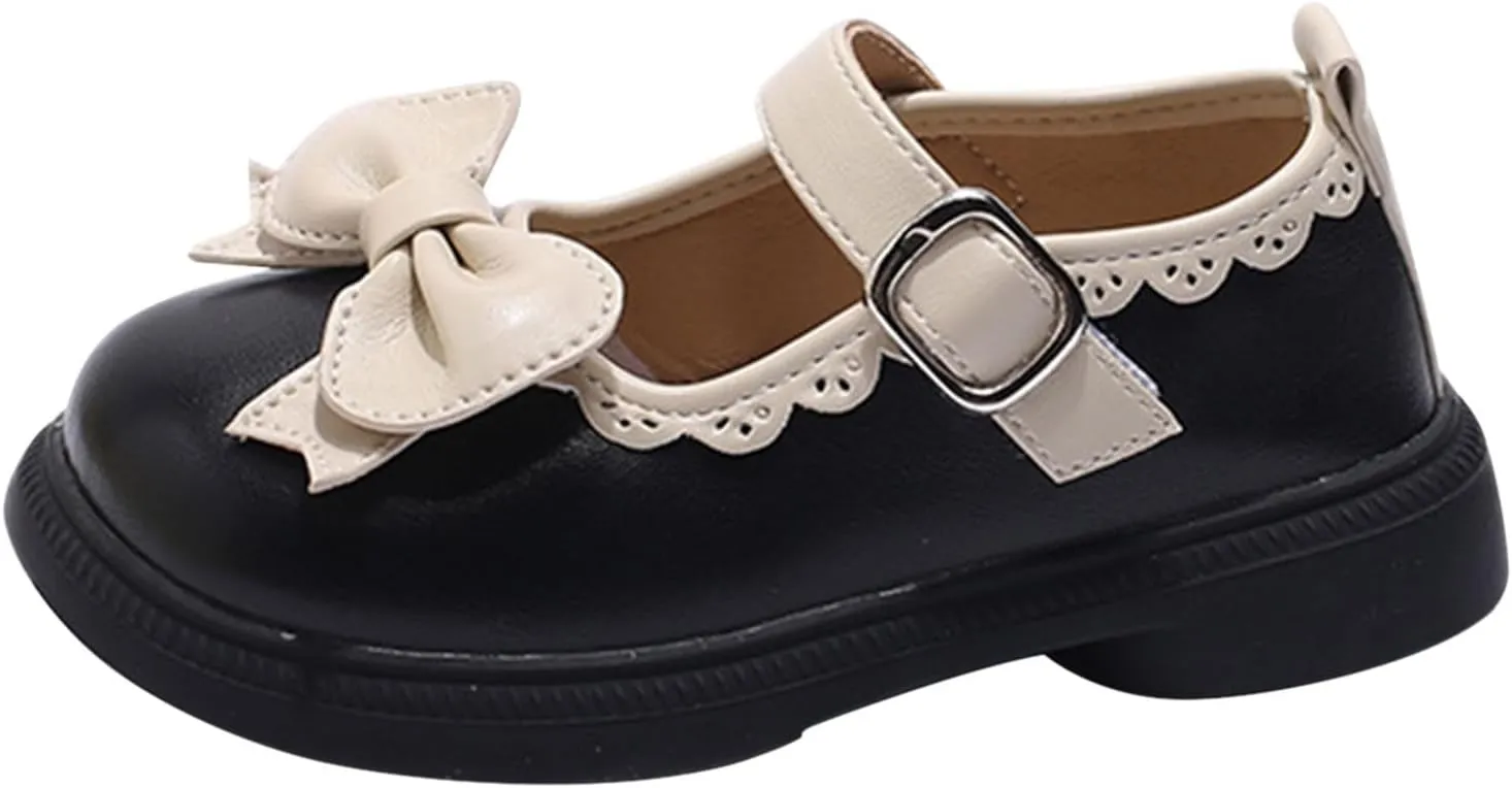 Girls Dress Shoes Mary Jane Flats Girls Cute Bowknot Non-Slip Soft Thick Sole Wedges Kids Leather Wedding Shoes