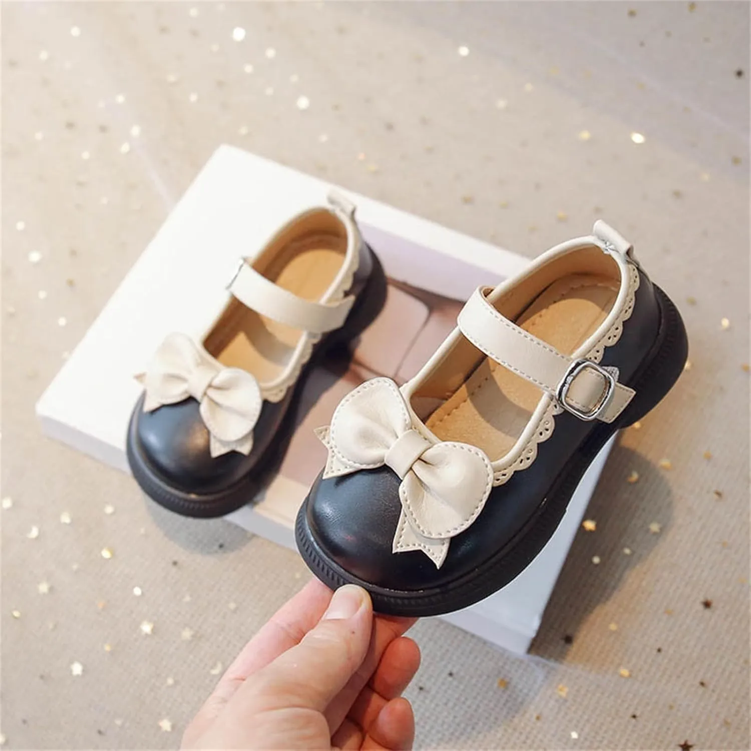Girls Dress Shoes Mary Jane Flats Girls Cute Bowknot Non-Slip Soft Thick Sole Wedges Kids Leather Wedding Shoes