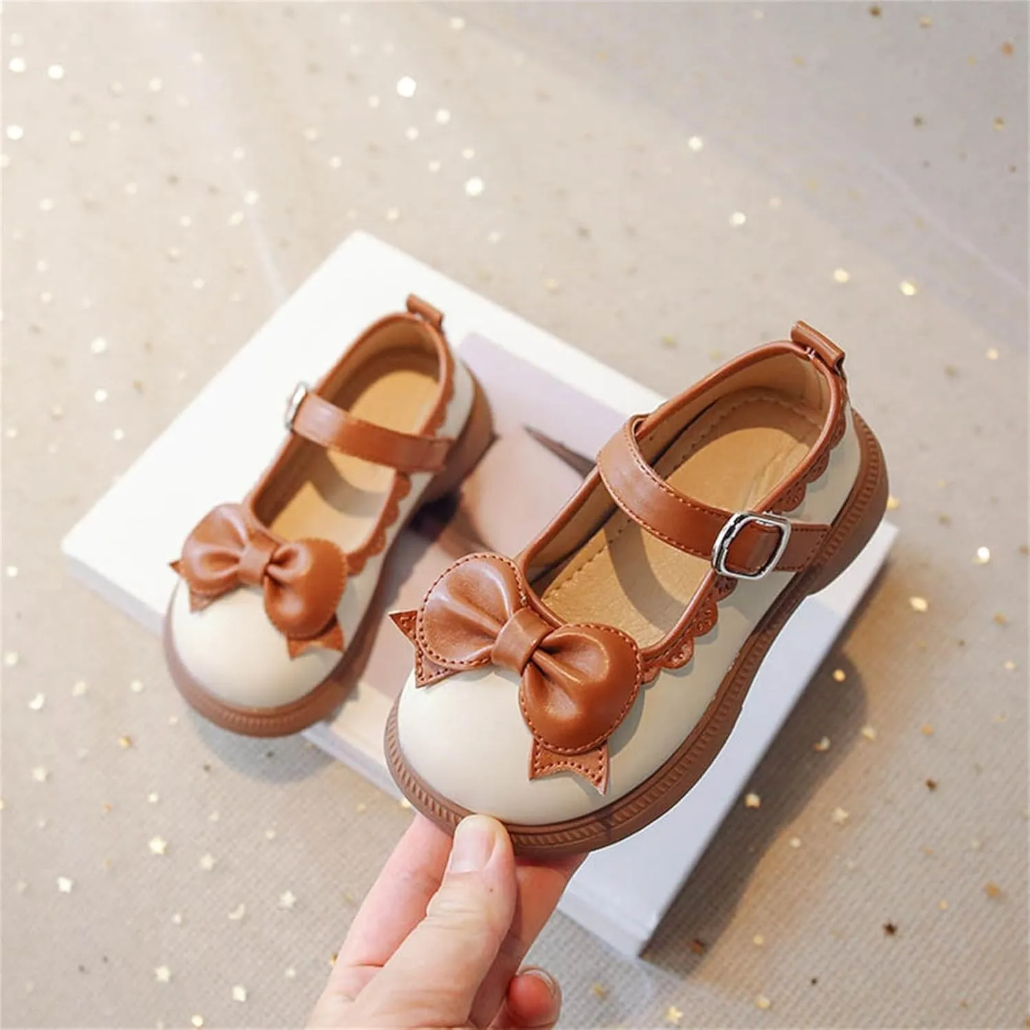 Girls Dress Shoes Mary Jane Flats Girls Cute Bowknot Non-Slip Soft Thick Sole Wedges Kids Leather Wedding Shoes